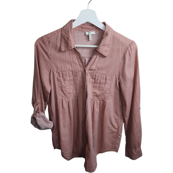 Joie Soft Pink Cotton Pleated Button Down Blouse Roll Tab Sleeves Size XS - Picture 10 of 12